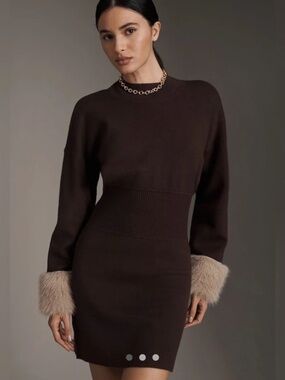 NWT By Anthropologie Long-Sleeve Faux Fur Trim Sweater Mini Dress, Sz L $168